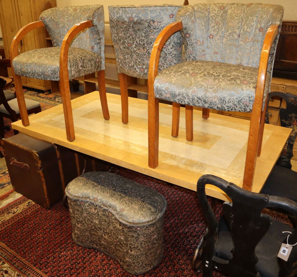 Two Art Dec birds eye maple elbow chairs together with a kidney shaped stool